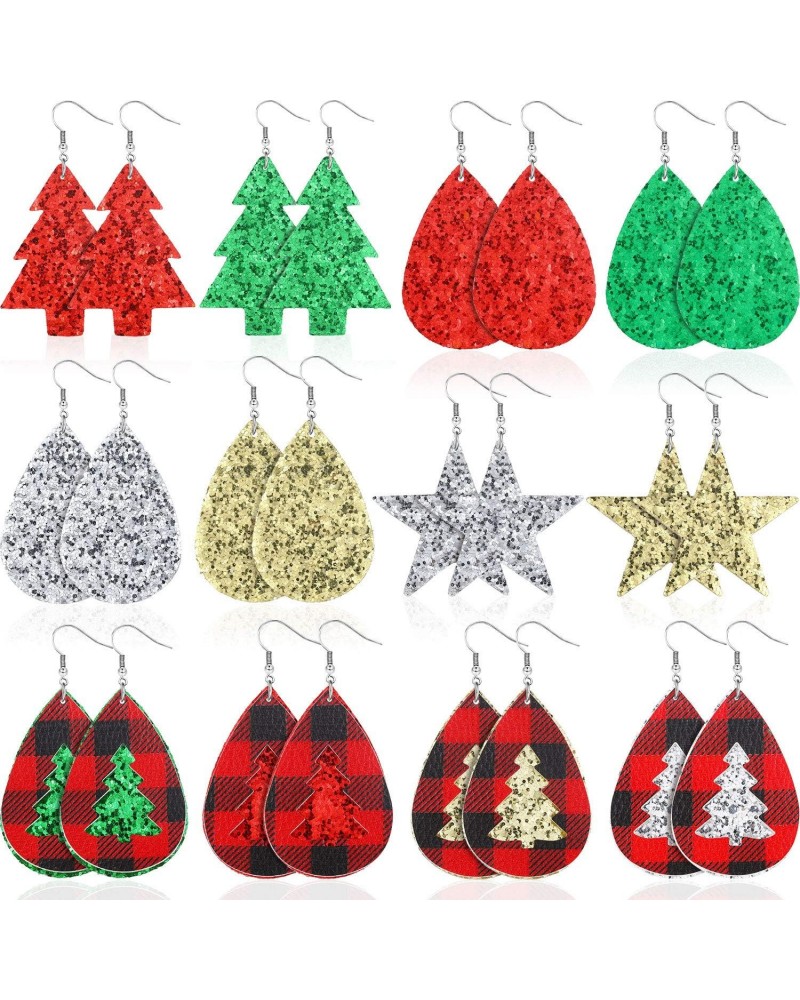 12 Pairs Christmas Faux Leather Earring Leaf Drop Dangle Earring Teardrop Earring for Woman Girls (Glitter Star) $9.68 Earrings