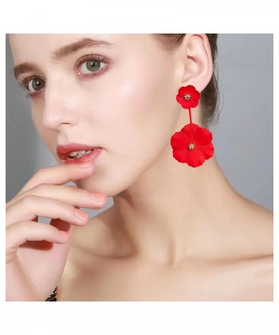 Boho Summer Long Metal Poppy Flower Dangle Earring Matte Painted Dual Flower Floral Petal Tiered Drop for Women Red $5.60 Ear...