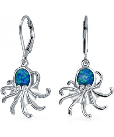 Nautical Blue Created Opal Marine Life Lever back Octopus Dangle Earrings For Women For Teen .925 Sterling Silver $21.65 Earr...