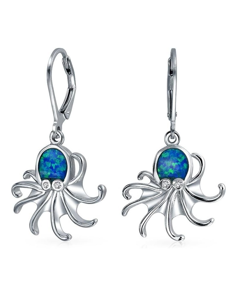 Nautical Blue Created Opal Marine Life Lever back Octopus Dangle Earrings For Women For Teen .925 Sterling Silver $21.65 Earr...