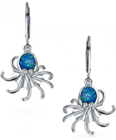 Nautical Blue Created Opal Marine Life Lever back Octopus Dangle Earrings For Women For Teen .925 Sterling Silver $21.65 Earr...