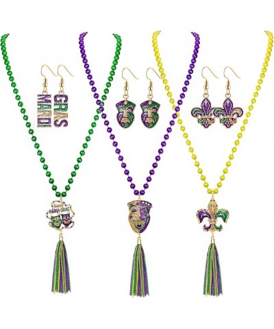 3Set Mardi Gras Necklace Earrings for Women, Long Mardi Gras Beads Necklace Tassel Pendant Necklaces Jester Fleur De Lis Earr...