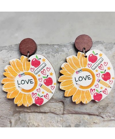 Teacher Wooden Dangle Drop Earrings Wood Sunflower Book Ruler Pencil Reading Earrings for Women Back to School Gift Love Sunf...