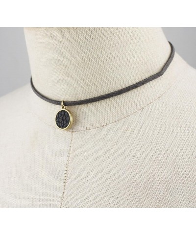 Black Suede Leather Cord Choker Gold Geometric Pendant Choker Necklace for Women Teen Circle_Grey $11.39 Necklaces