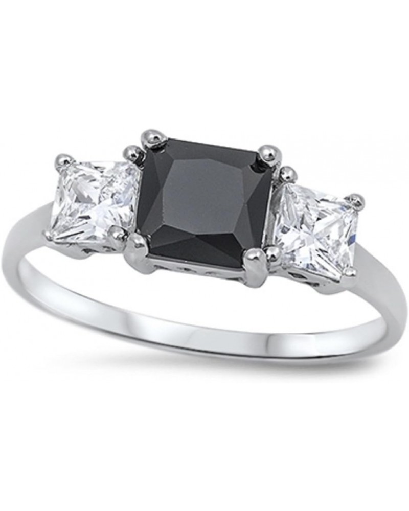 Princess Cut Cubic Zirconia Three Stones Ring Sterling Silver (Comes in Colors) Black and Clear $12.45 Rings