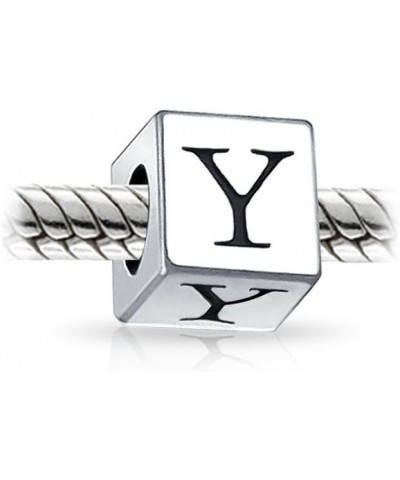 Square Cube Block Letter A-Z Alphabet Initial Charm Bead For Women For Teen .925 Sterling Silver For European Bracelet Y Squa...