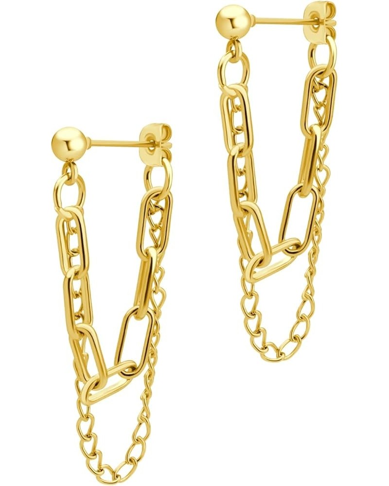 Stainless Steel Double Chain Dangle Earrings Sparkling Elegance with Hypoallergenic Beauty for Women & Girls Gold $9.53 Earrings