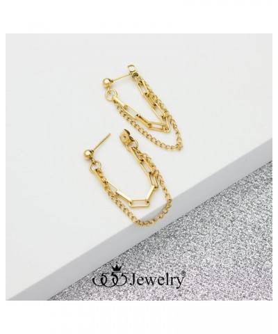 Stainless Steel Double Chain Dangle Earrings Sparkling Elegance with Hypoallergenic Beauty for Women & Girls Gold $9.53 Earrings