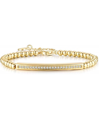 4MM Gold Beaded Chain Bracelet for Women Dainty 14K Gold Plated CZ Curved Bar Bracelet Stretch/Lobster Clasp 2 Options Lobste...