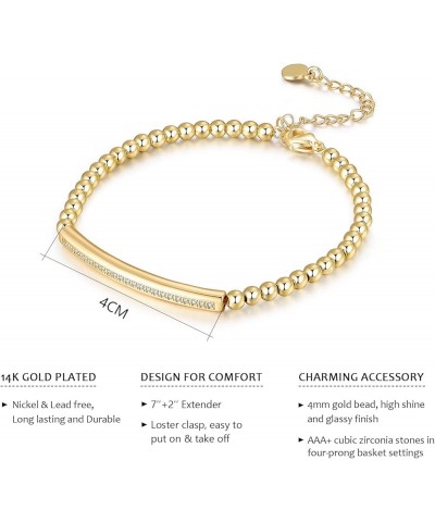 4MM Gold Beaded Chain Bracelet for Women Dainty 14K Gold Plated CZ Curved Bar Bracelet Stretch/Lobster Clasp 2 Options Lobste...