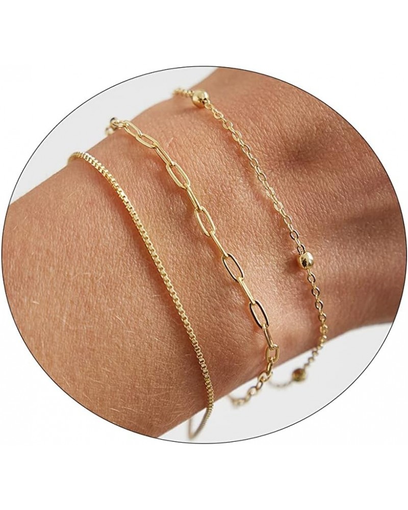 Gold Bracelets for Women 14K Gold Bracelets Set for Women Dainty Herringbone Twisted Rope Chain Paperclip Link Bracelets Leaf...