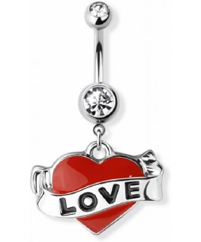 14GA 316L Stainless Steel Red Love Heart Tattoo Dangling Belly Button Ring Silver Tone $8.67 Body Jewelry