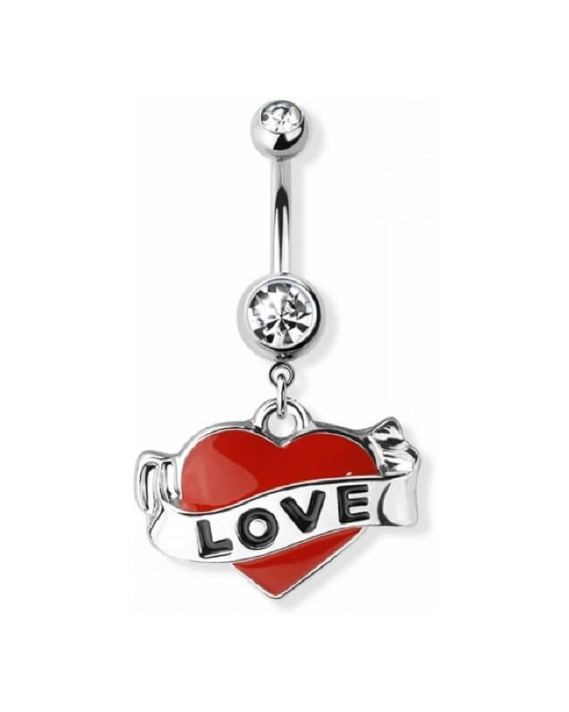 14GA 316L Stainless Steel Red Love Heart Tattoo Dangling Belly Button Ring Silver Tone $8.67 Body Jewelry