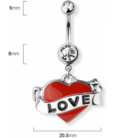 14GA 316L Stainless Steel Red Love Heart Tattoo Dangling Belly Button Ring Silver Tone $8.67 Body Jewelry