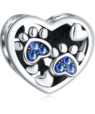 Puppy Dog Paw Print Charms with Brithstone Crystal, 925 Sterling Silver Pawprint Heart Bead, fits European Animal Bracelet Ne...