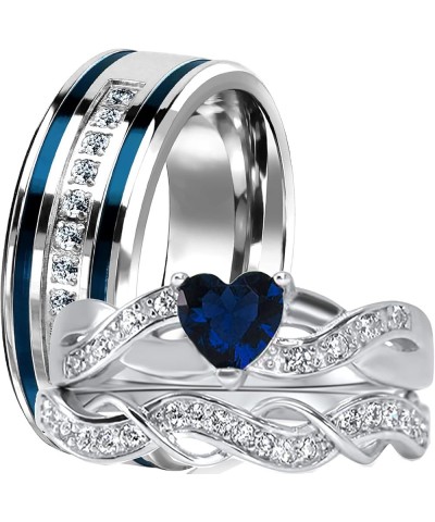 His and Hers 3 Piece Trio Sterling Silver Blue Wedding Band Engagement Ring Set Her 7 - His 12 $26.65 Sets