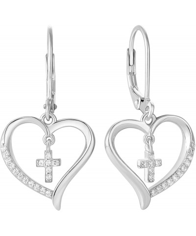 Sterling Siver Cross Earring for Women Heart Dangle Drop Earrings Religious Birthstone Jewelry Gift White Gold Pleated $27.50...