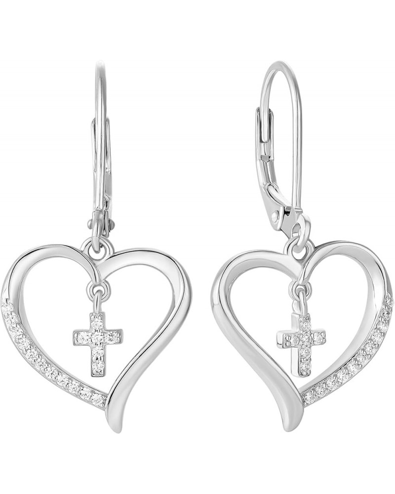 Sterling Siver Cross Earring for Women Heart Dangle Drop Earrings Religious Birthstone Jewelry Gift White Gold Pleated $27.50...