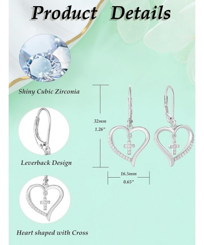 Sterling Siver Cross Earring for Women Heart Dangle Drop Earrings Religious Birthstone Jewelry Gift White Gold Pleated $27.50...