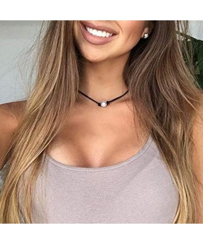 Single Pearl Choker Necklace Charm Elegant Black Leather for Women and Girls $6.50 Necklaces