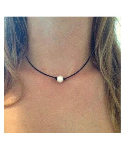 Single Pearl Choker Necklace Charm Elegant Black Leather for Women and Girls $6.50 Necklaces