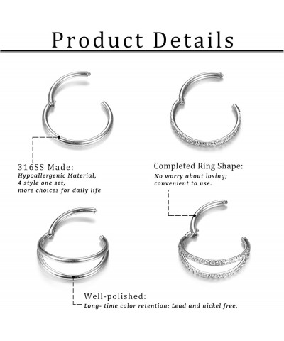 4PCS 18G Nose Rings Hoops, Surgical Steel Earrings Tragus Septum Piercing CZ Clicker Septum Ring Hinged Segment Septum Conch ...